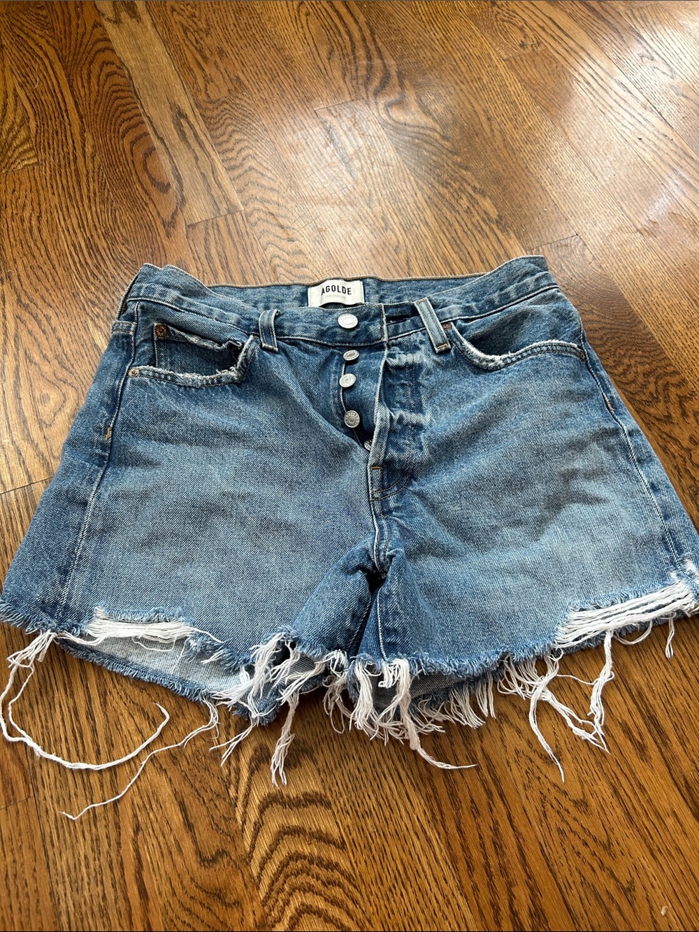 Agolde Light Blue Frayed Button-Fly Denim Shorts